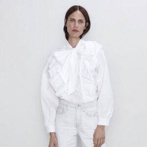 Zara woman white ruffled blouse with bow SZ M $78